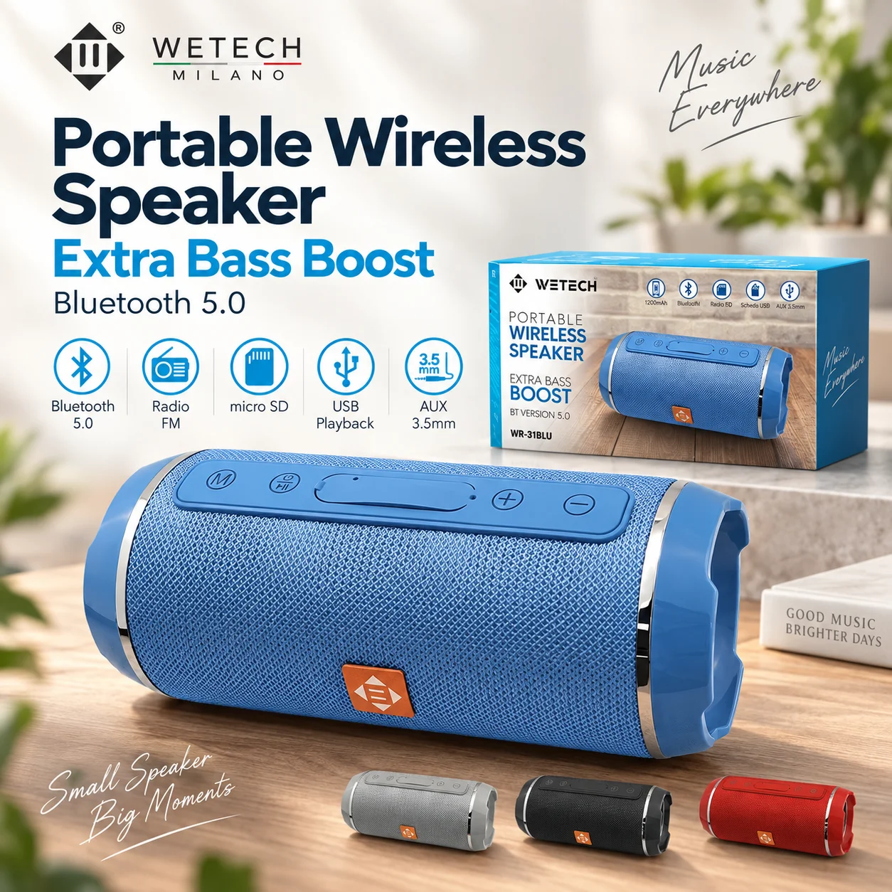 WETECH WR31, altoparlante Bluetooth portatile, potenza extra bassi 2×5W, Bluetooth 5.0, batteria da 1200 mAh, radio FM, riproduzione tramite microSD/USB/AUX, disponibile in 4 colori (nero, rosso, blu,
