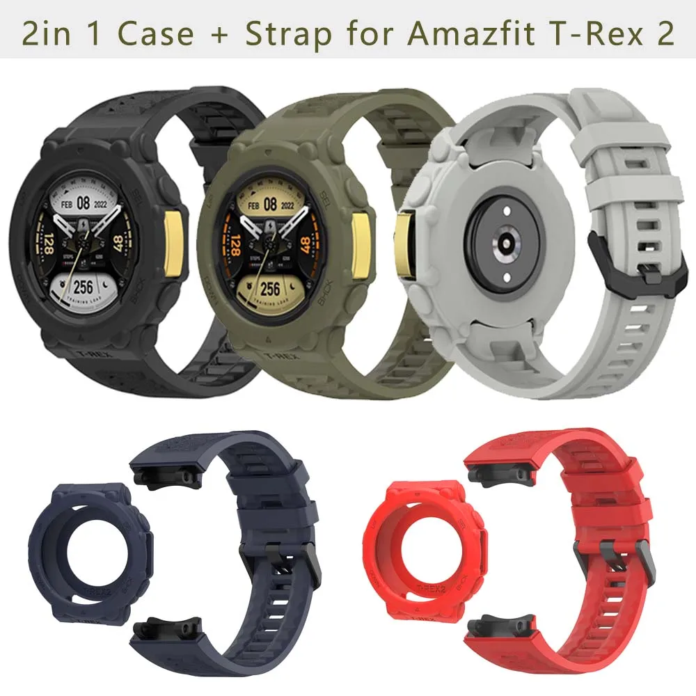 

2 in 1 Strap+Case For Amazfit T-Rex 2 Screen Protector Cover Smart Watch Strap Soft Sport Wristband Replacement Accessories