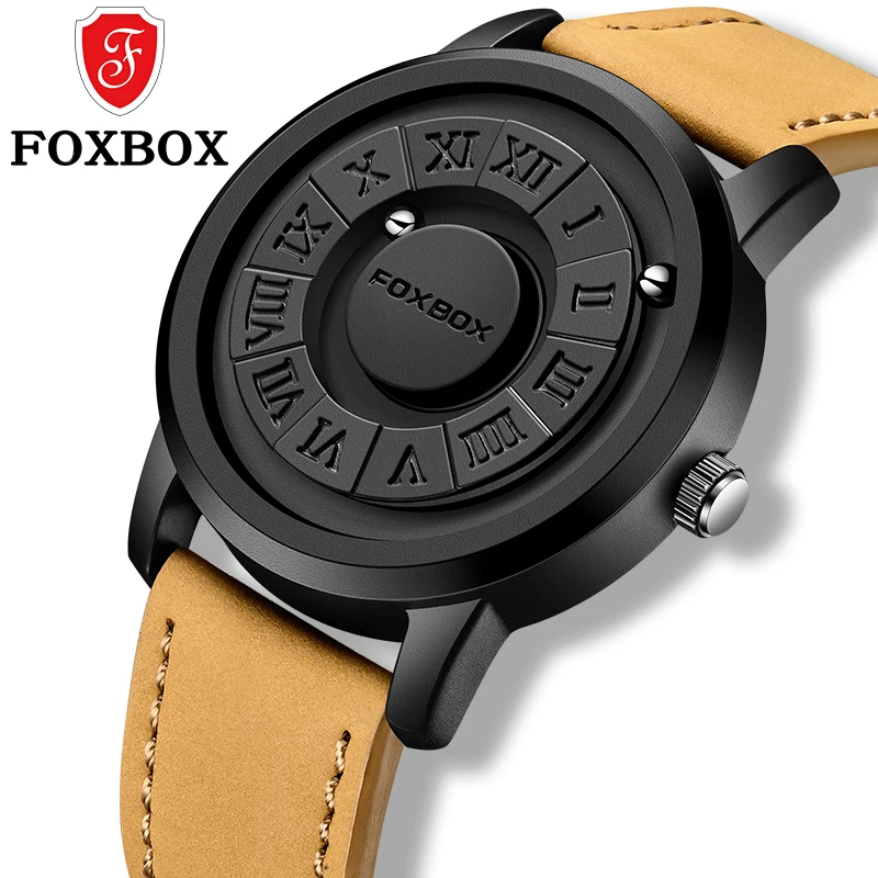 FOXBOX Men's Watches Military Leather Quartz Watch Creative Scrolling Pointer Magnetic Force Wrist Clock Relogio Masculino+box