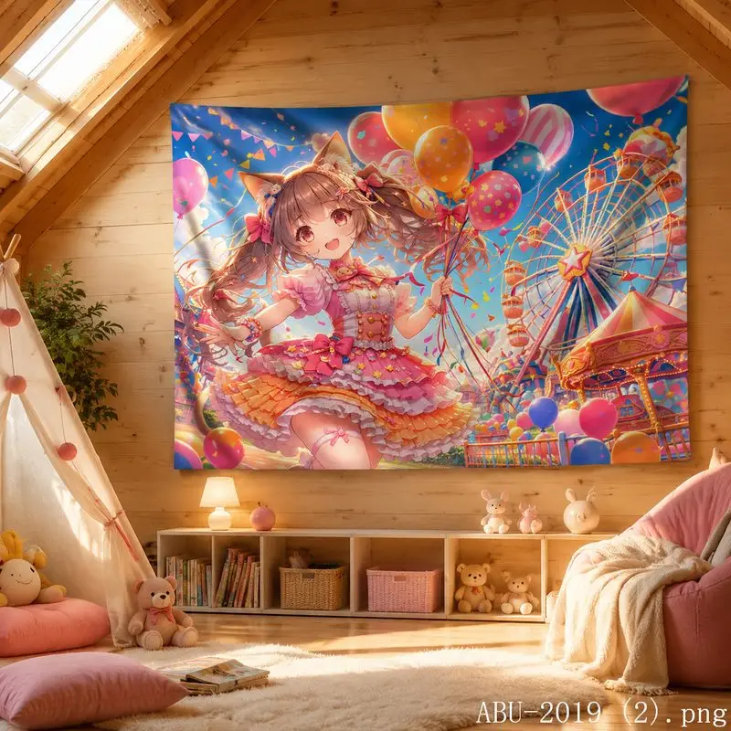 VIKAMA Cherry Blossom Kawaii Anime Girl Tapestry, Pastel Floral Aesthetic Wall Hanging, Decor for Teen Dorm Bedroom