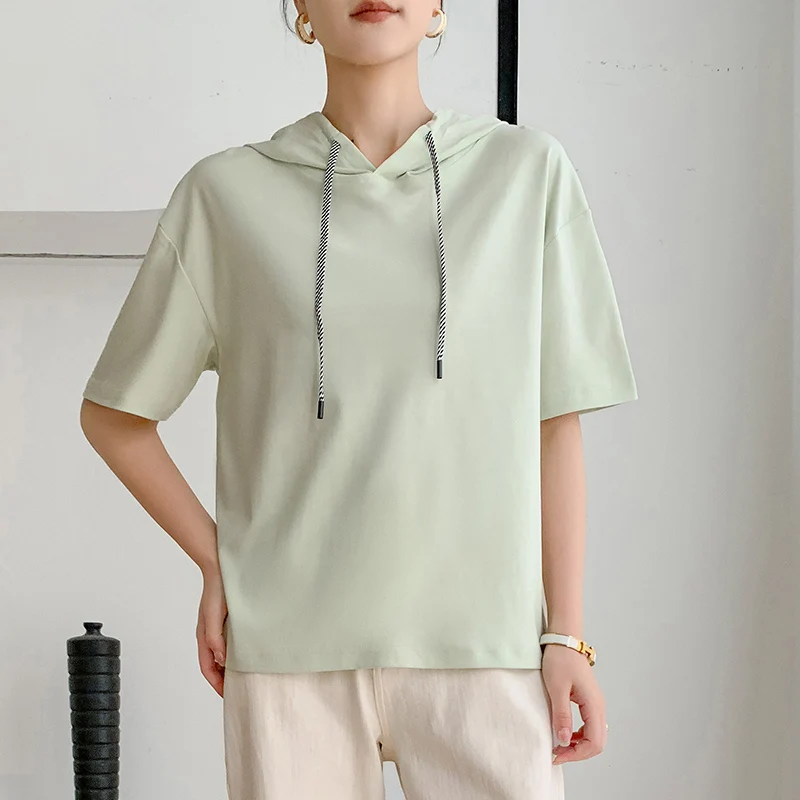 

Summer New 100% Cotton Short-Sleeved Thin Mercerized Cotton Ice Silk T-Shirt Hooded Loose Knit Top
