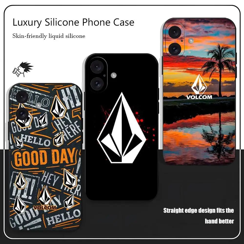 Funda de teléfono con logotipo de marca de moda V-Volcom para iPhone 16 15 14 13 12 11 X XR XS 8 Plus Mini Pro Max, funda suave negra a prueba de golpes