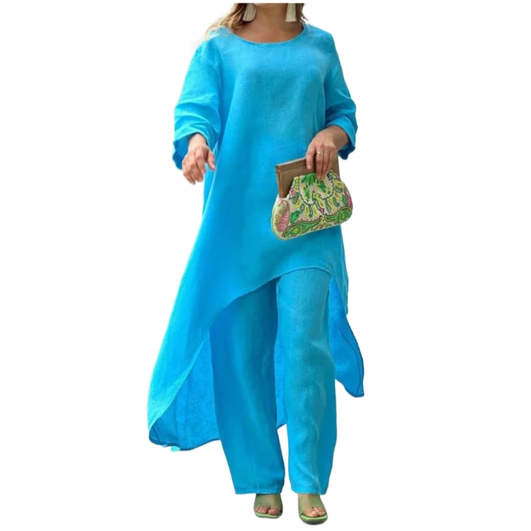 

Casual Cotton Linen Two Piece Set Autumn New Loose Solid Color O-neck Long Sleeve Irregular Extended Top Straight Trousers Set