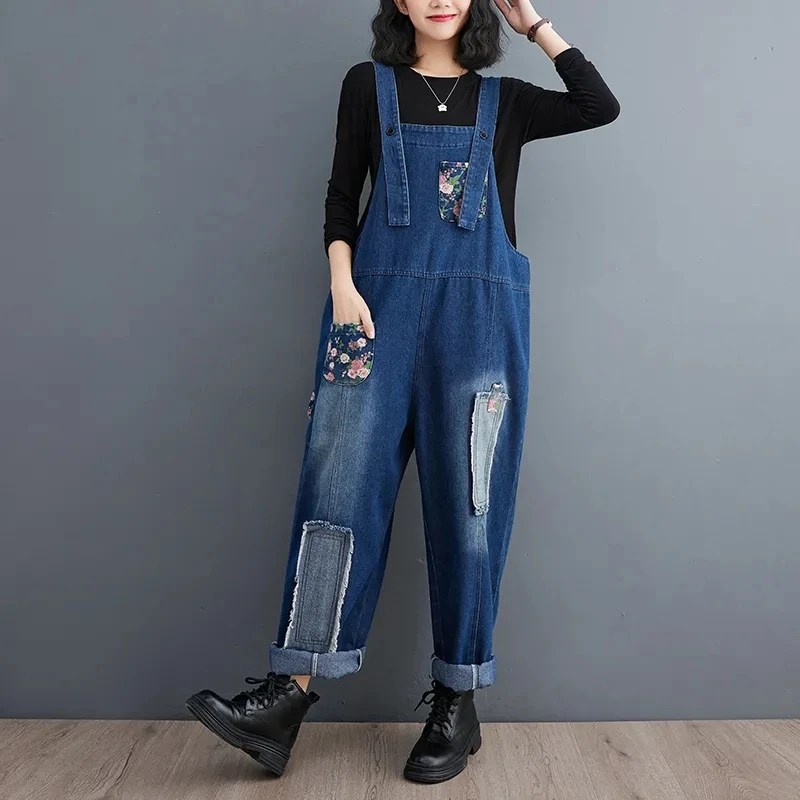 Vintage Design Denim Strap Pants spring Autumn Fashion Splicing Jumpsuit Literary Large Size Jeans For Women Overall Trousers