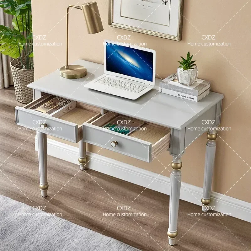 Solid Wood Computer Desk Morandi Gray Cream Style Small Writing Table for Home Office Light Luxury Study Desk