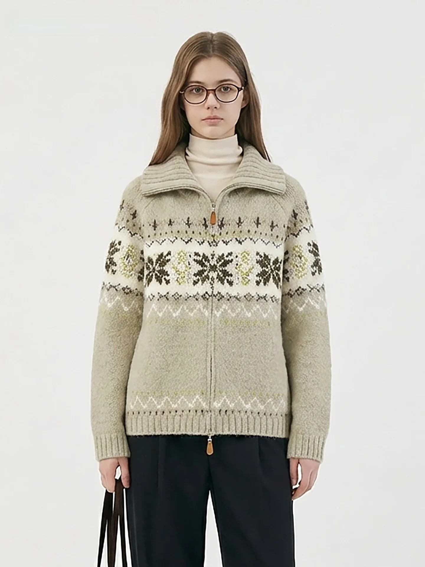 

Утепленный вязаный кардиган из шерстяной смеси в стиле ретро Fair Isle с отложным воротником, теплый повседневный женский топ