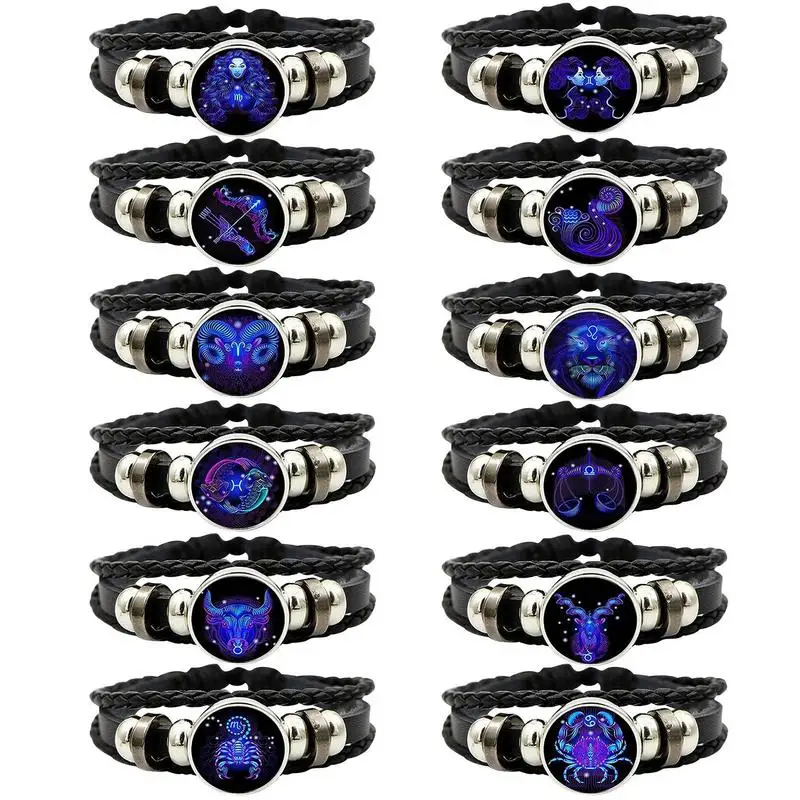 Adjustable 12 Zodiac Signs PU Leather Bracelet Hand Woven Luminous 12 Zodiac Signs Glow Zodiac Spirit Bracelet Jewelry Gift