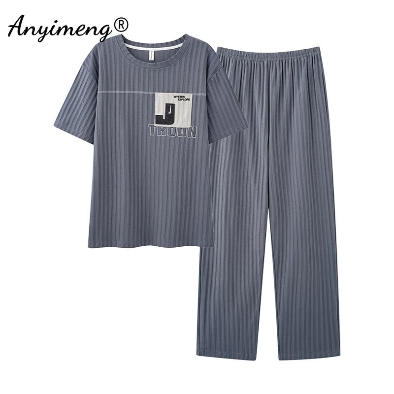 Spring Autumn Men Pajama Sets Short Sleeves Long Pants Coffee Pajamas Big Size L-3XL Pijamas O-neck Sleepwear Soft Loungewear