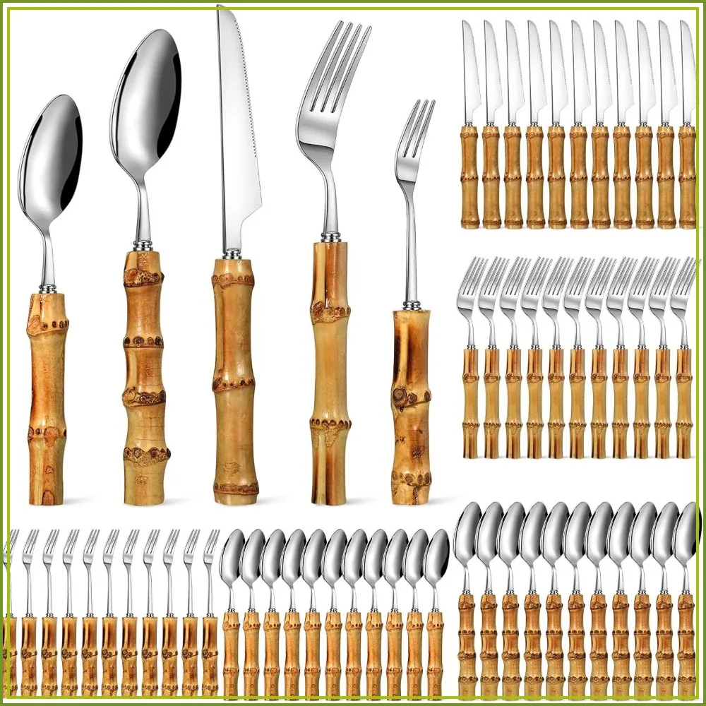 

60-Piece Bamboo Silverware Set 18/8 Stainless Steel Flatware with Natural Bamboo Handles, Spoon Fork Knife Cutlery for Kitchen Wedding Home Restaurant