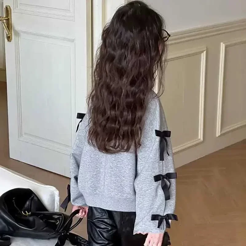 2026 Girls Sweatshirt Autumn and Winter New Style Girls' Puff Sleeved T-shirt Top Bow Fashion Outerwear Coat Baby Girl Clothes 4