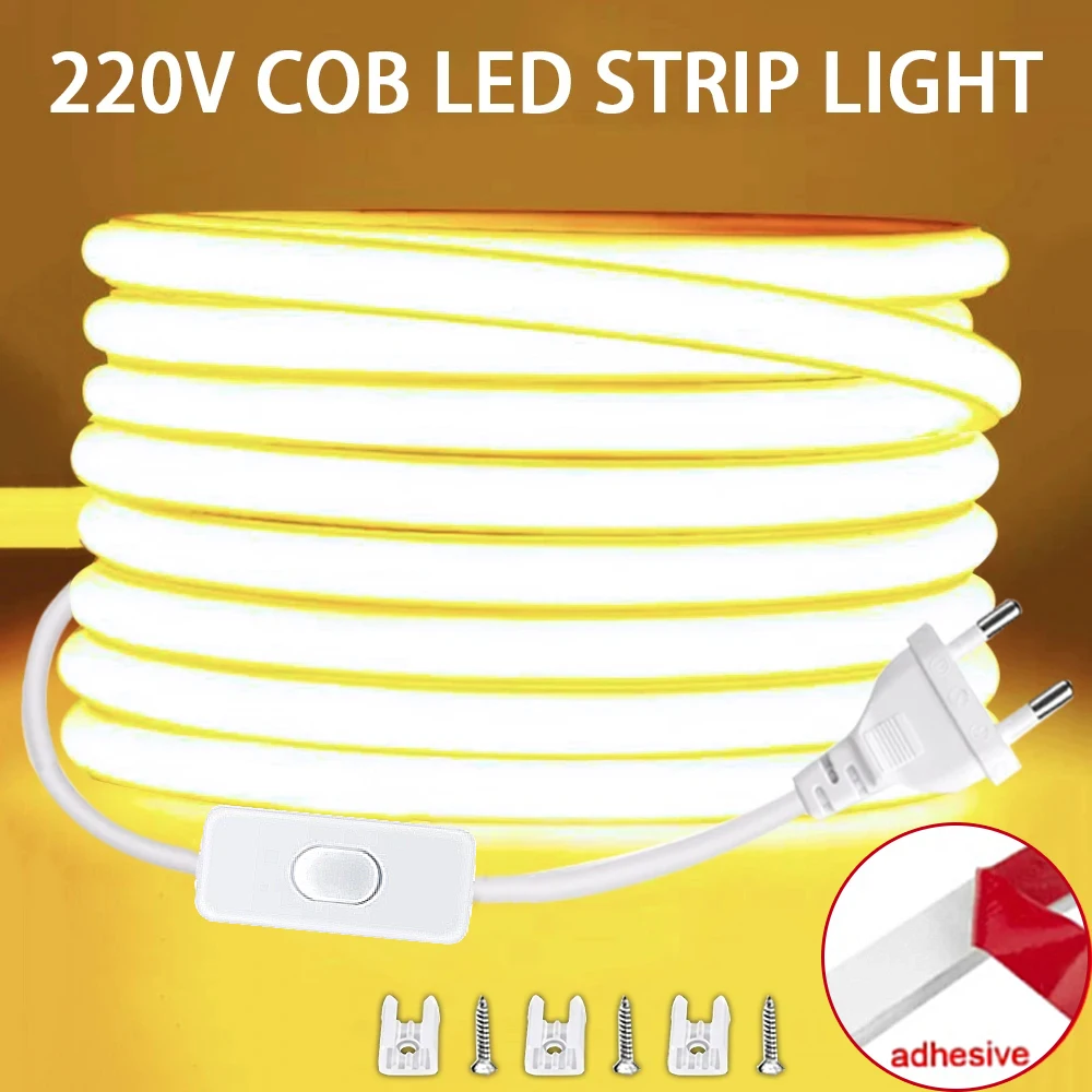 COB LED 스트립 조명 EU 전원 플러그, 스위치 포함, 유연한 리본 테이프, 가정용 방수 조명, 야외 장식, 220V, 220V