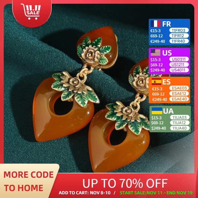 

Vintage Amber Heart Drop Earrings Rhinestone Flower Pendant Gold Color Leaf Antique Decorative Party Accessories 2025 Trendy