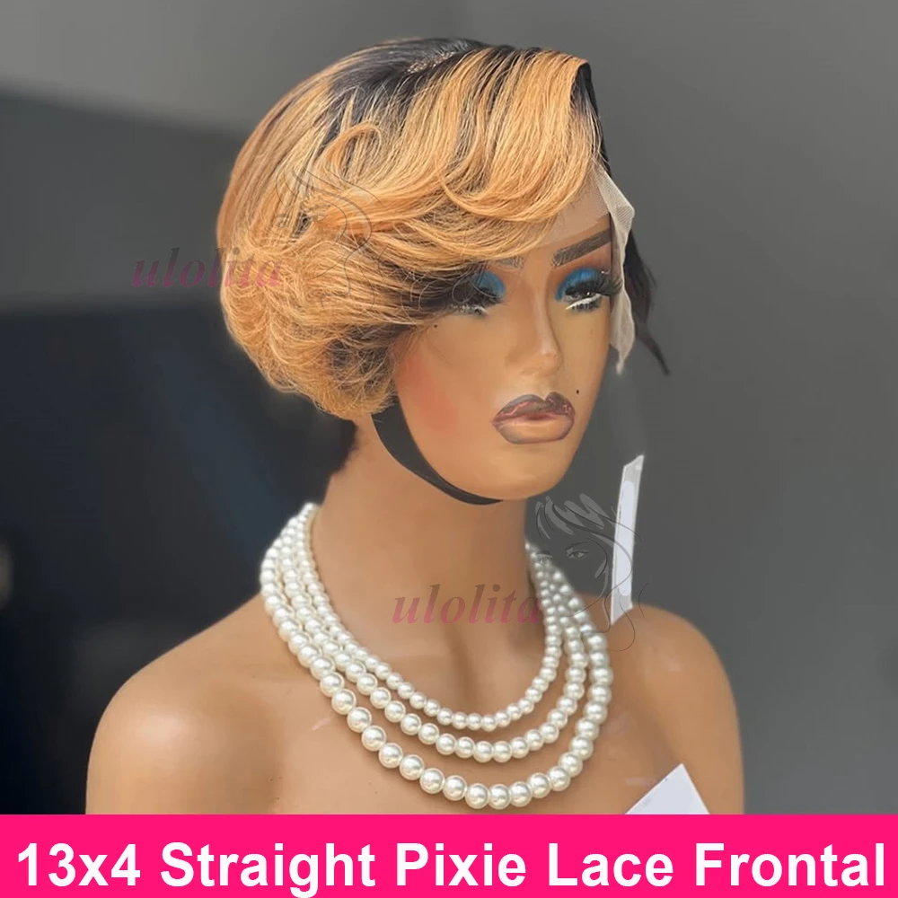 Pelucas de corte Pixie rectas T1B/30 para mujeres Omber 13x4 pelucas de cabello humano liso corto Frontal de encaje peluca de corte Pixie marrón Omber 200%