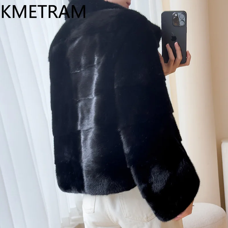 KMETRAM 100% veste de fourrure de vison entière femme col montant court noir vestes de fourrure véritable hiver nouveau dans manteaux femmes vêtements 2025 шу sik