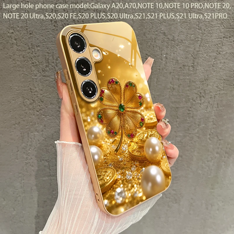 Colorful Gem Four-leaf Pattern 2D Phone Case for Samsung S26 S25 S24 S23 S22 S21 S20 Golden Metal Paint Glass Protective Cover view 6
