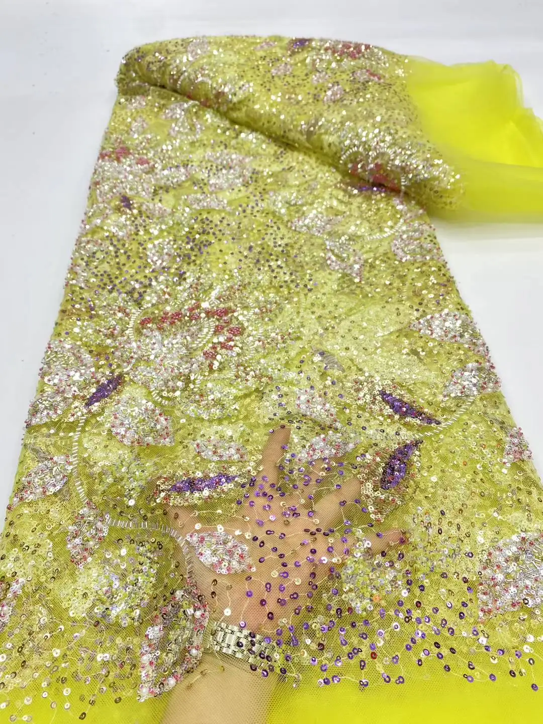 

Luxury African Beaded Embroidery High Quality Nigerian Sequins With Pearl Lace French Tulle Fabric For Party Sewing 5 Yards