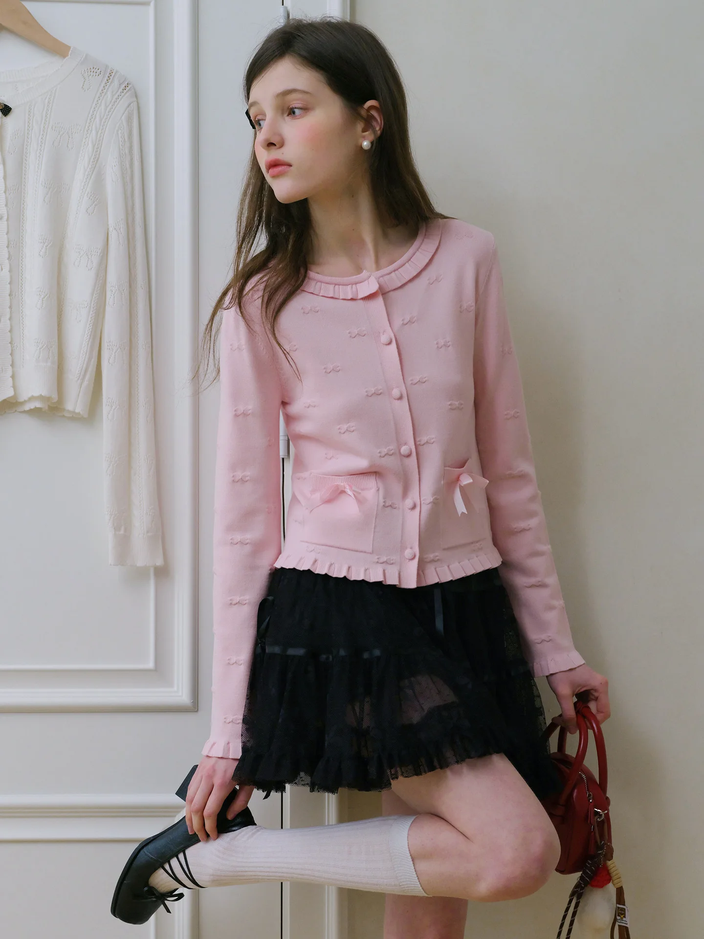 

Spring 2026 Women's Knitted Cardigan Pink Knot Inner Wear Outer Wear Comfortable Breathable Long Sve Regular Fit