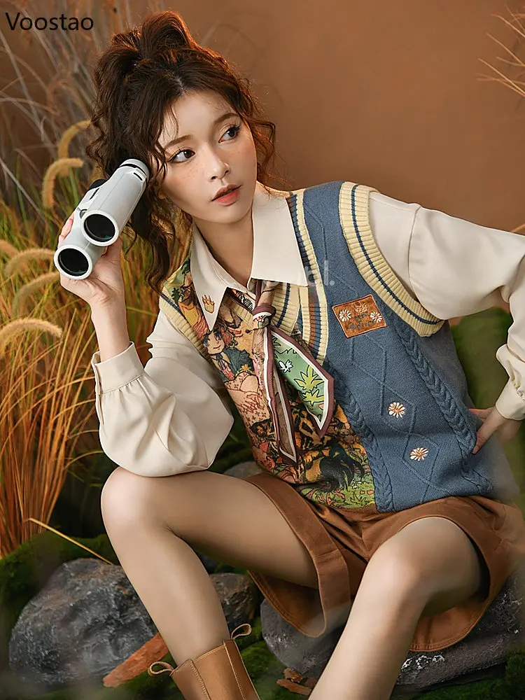 Vintage Sweet Sweater Vest Spring Autumn Women Casual Cartoon Jacquard Knitted Jumpers Tops Female V-Neck Waistcoat Knitwear