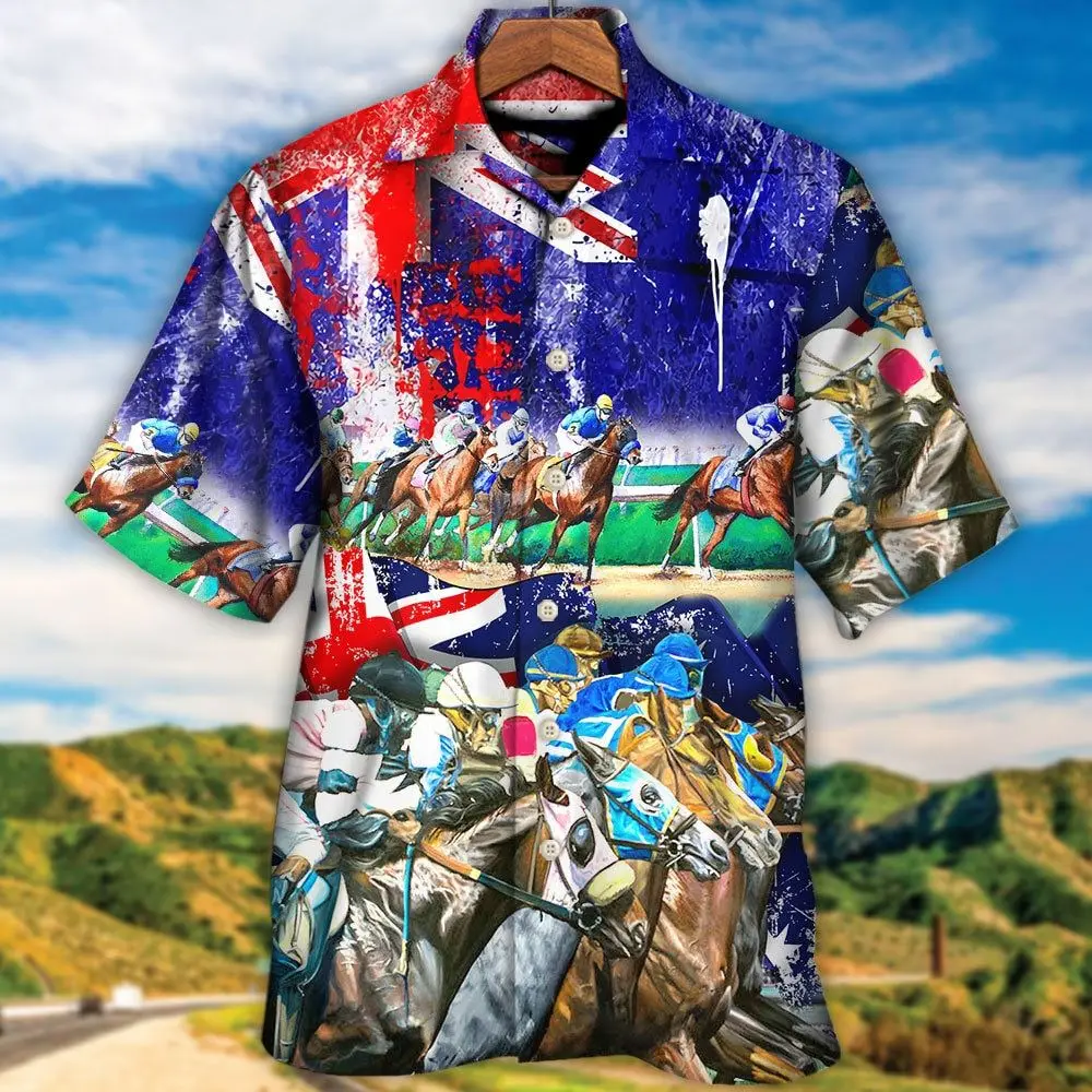 Hawaiian Shirt For Men Horse Racing Summer Short Sleeve Shirt Fashion Streetwear Oversized Men\'S Shirt Casual Clothing 5XL