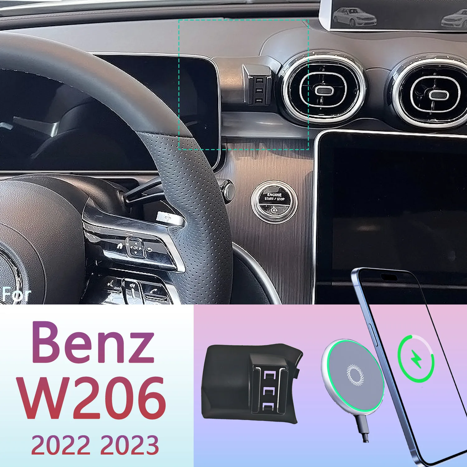 For Mercedes Benz C200 260 300 W206 2022 2023 Magnetic Phone Holder 15W Wireless Charging Phone Stand MagSafe Phone Support Base