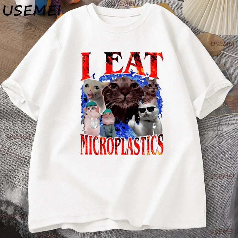 

Cursed Cat T Shirt I Eat Microplastics Graphic Tee for Men Women Funny Weirdcore Top Cotton Short Sleeve Loose T-shirt Clothes