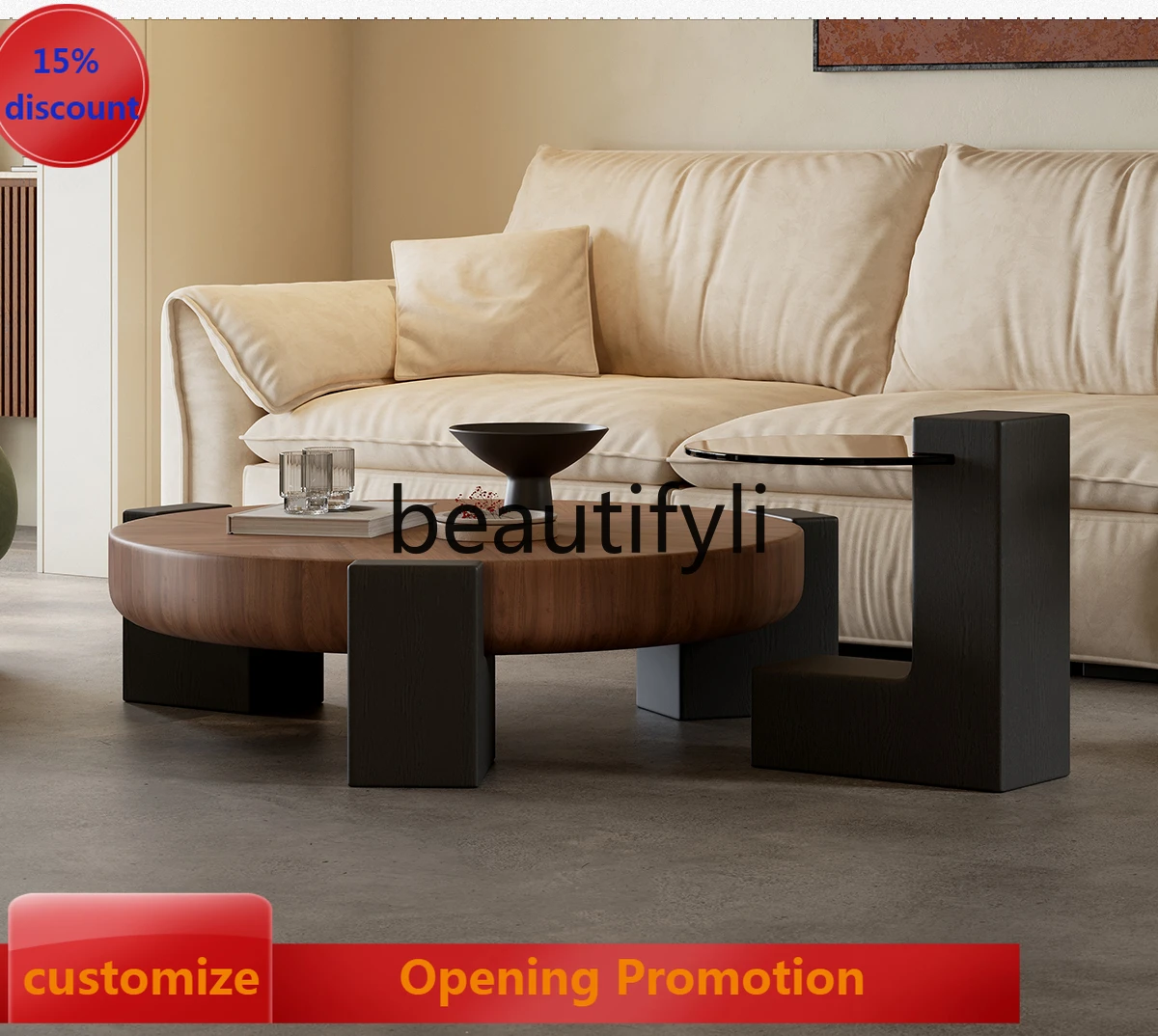 

Household coffee table Italian minimalist walnut designer size round coffee table combination G1218