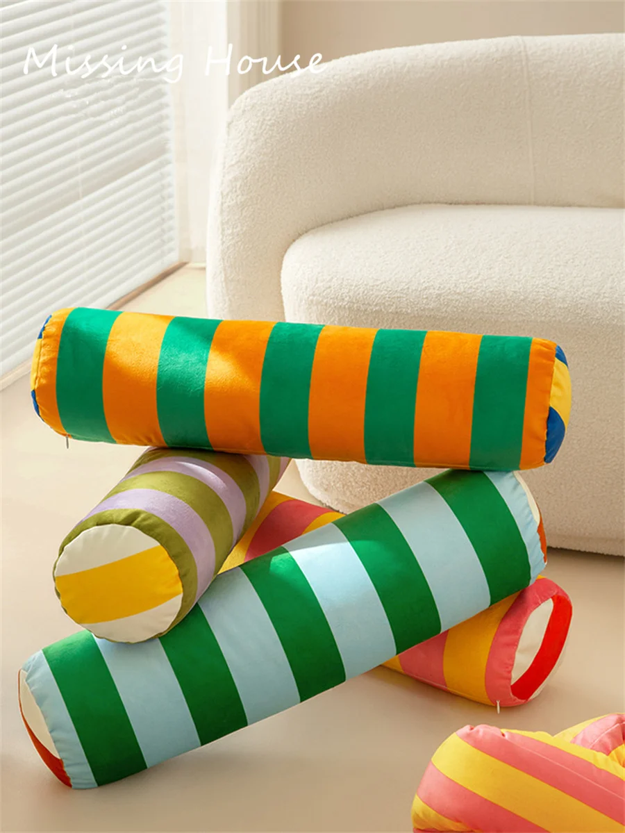 Long Column Pillows Retro Stripe Cushion Velvet Round Bed Roll Cushion Pillow with Core Living Room Sofa Long Round Waist Pillow