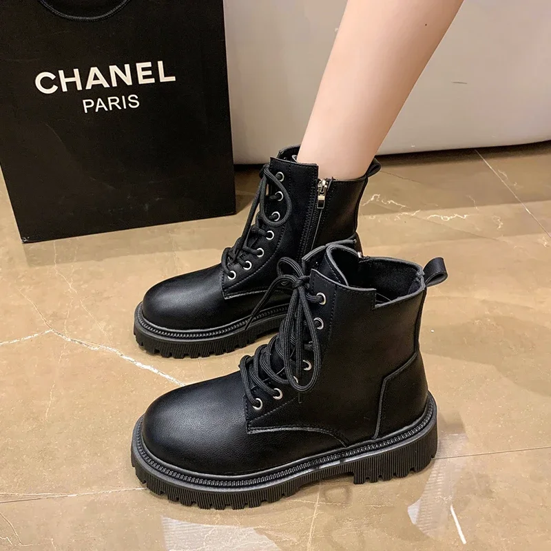 

2024 Platform Ladies Shoes PU Ankle Women's Boots Basic Modern Boots Women Side Zip Round Toe Lace-up Fretwork Heels Shoes Women