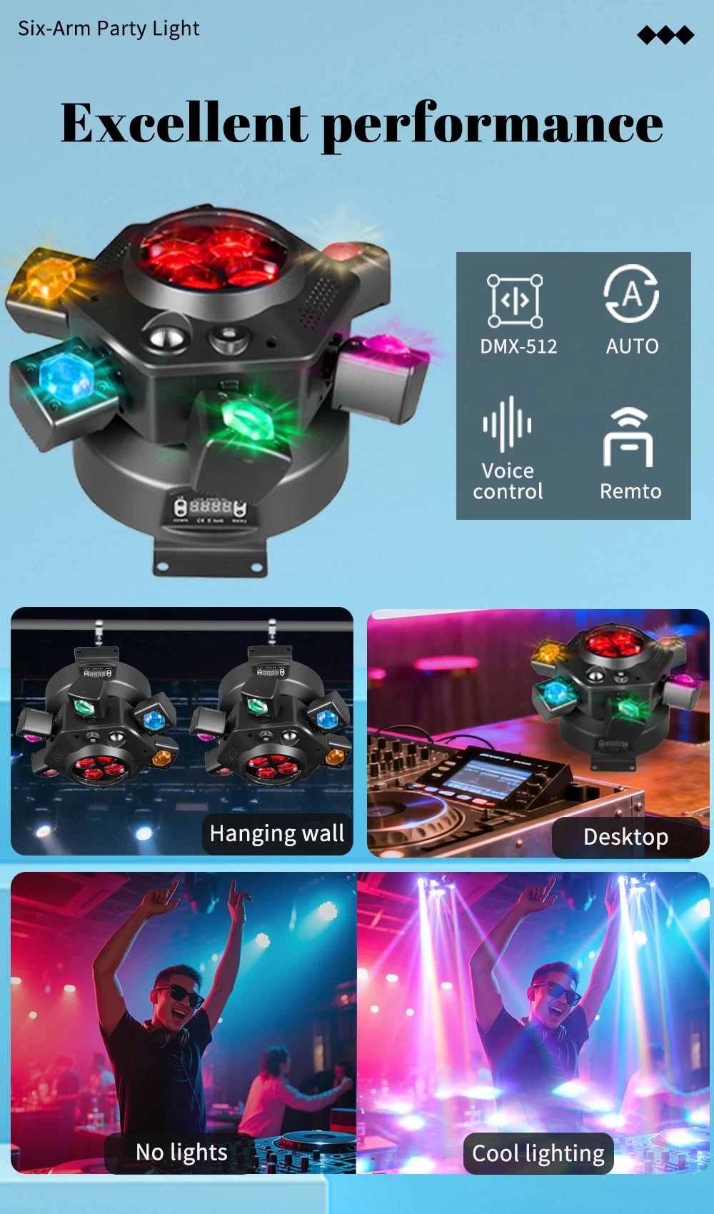 NOVALUX 160W 6-Arm Bee Eye LED Moving Head Licht RGBW Beam Strobe DMX512 Tonaktivierte Rotierende Bühnenbeleuchtung für DJ Disco Bar Party Hochzeit Nachtclub EU – Detail 8