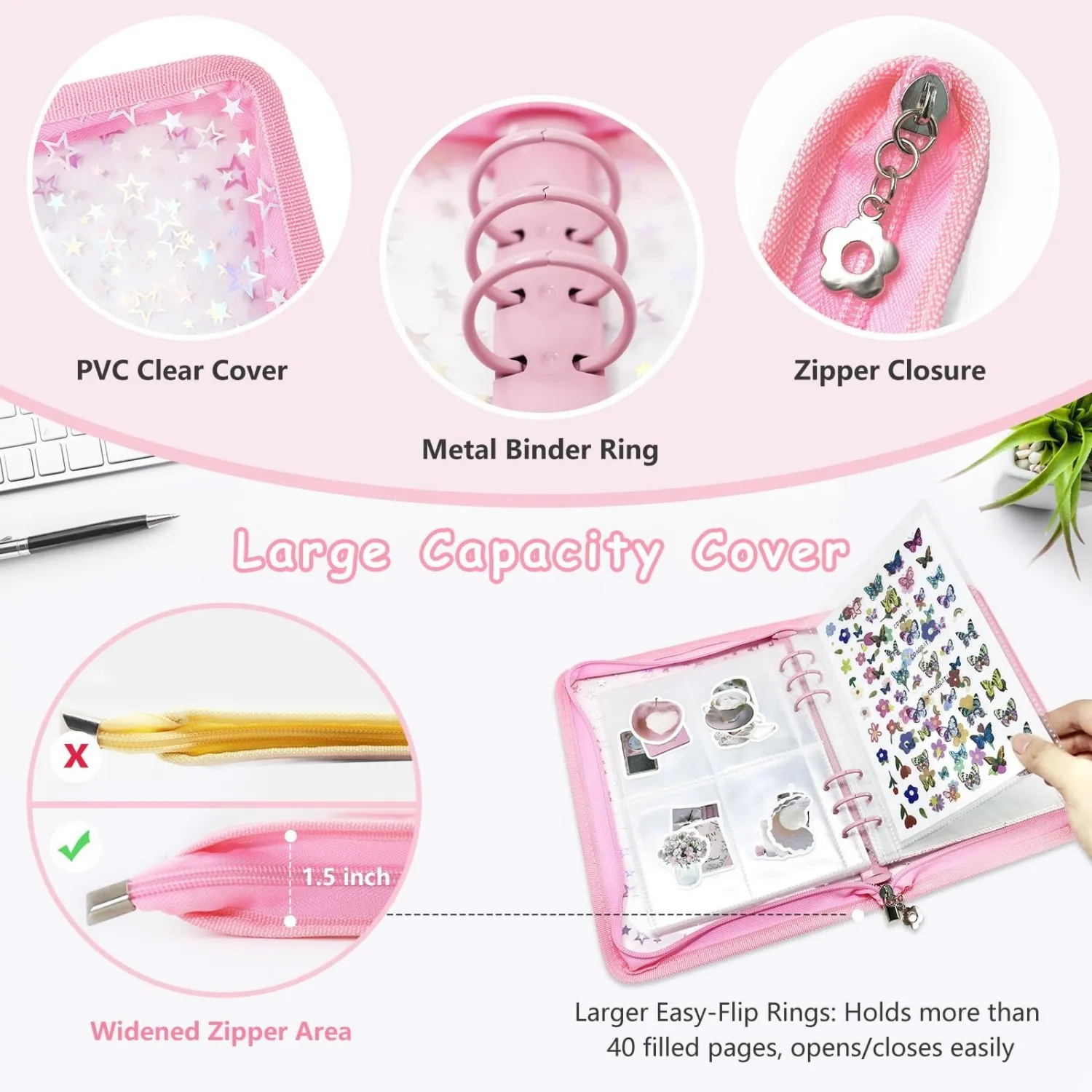 A5 Sticker Collection Keeper Holder Book 3 Size Pockets Zipper Binder with Release Papers Innner Paper and Tweezers and Squeegee