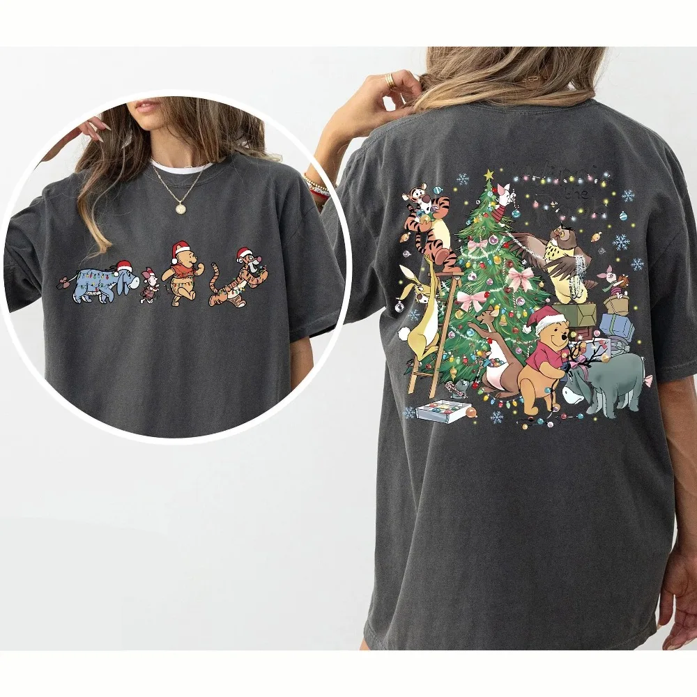الرجعية ديزني بوه والأصدقاء شجرة عيد الميلاد قميص عيد الميلاد الأسرة مطابقة المحملة بوه خنزير صغير تيجر Eeyore عيد الميلاد قميص