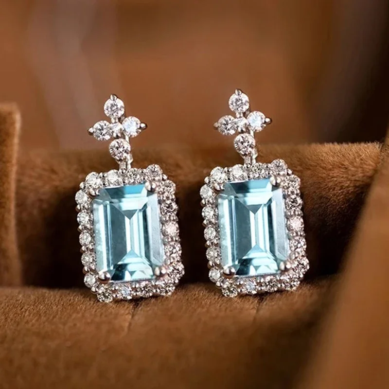 Huitan Exquisite Light Blue Drop Earrings for Women Newly Flower Designed Fresh Style Ear Accessories Elegant Daily Wear Jewelry