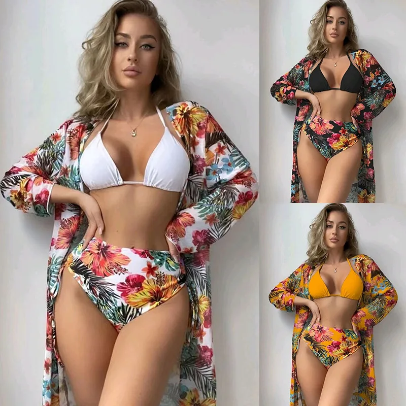 Dreiteiliger Badeanzug für Damen, trennt Bikini, bedruckt, Kordelzug, hohe Taille, Dreieckshose, lange Badebekleidung