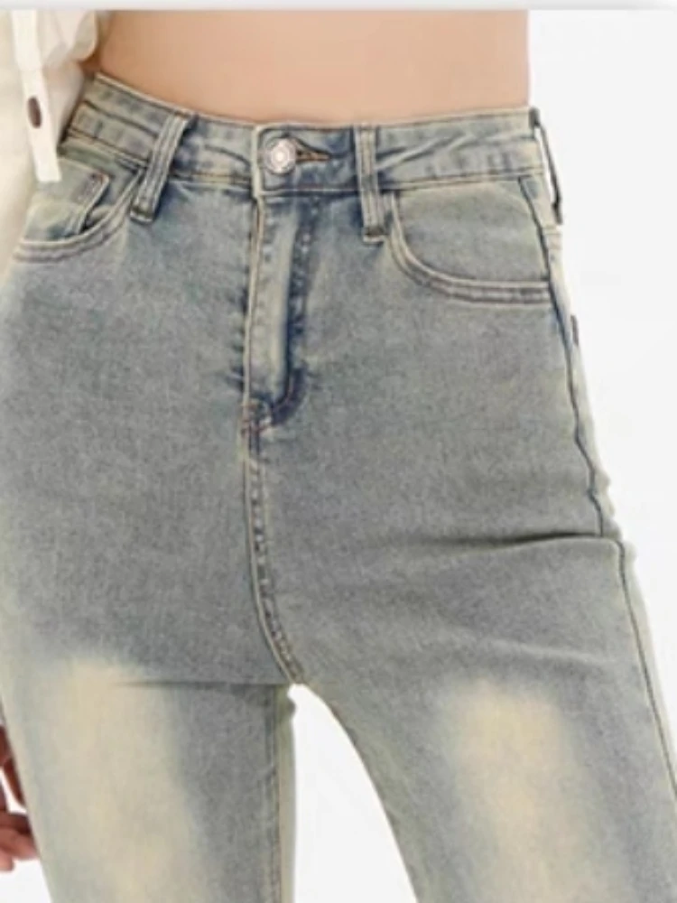 Retro jeans feminino fino ajuste calças de rua alta elegante commute primavera macio estilo europeu chique casual básico outono comprimento total