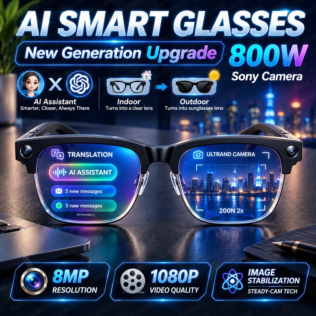 2026New 4K HD 800W Camera AI Smart Glasses Photos&Videos Music 100+Languages Translation GPT Bluetooth Call Sunglasses Men Women