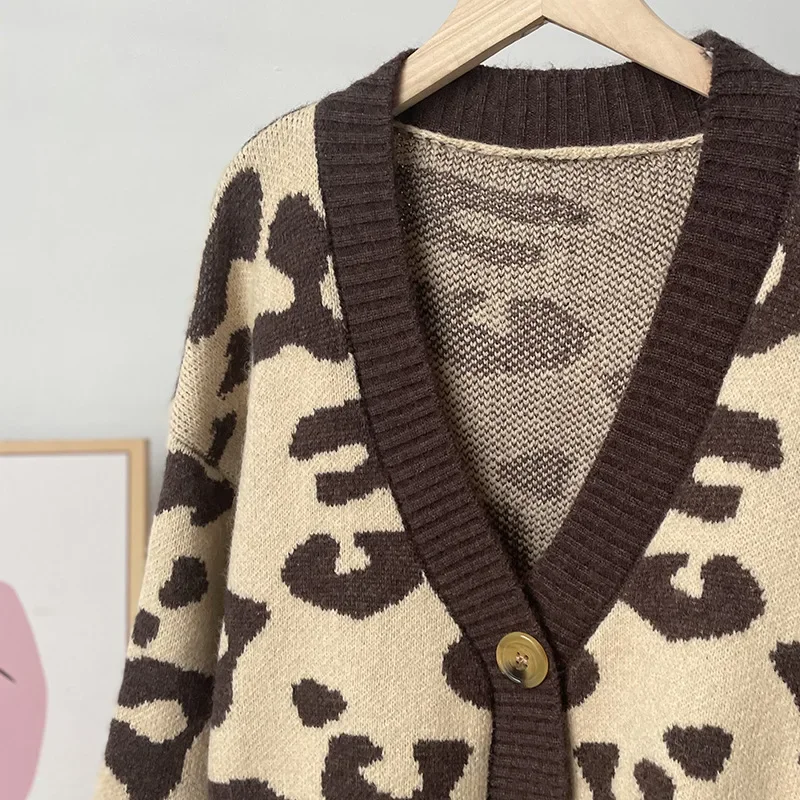 2024 Women Autumn Knitted Leopard Print V-Neck Cardigans Coat Long Sleeve Women Sweater Cardigans Coat