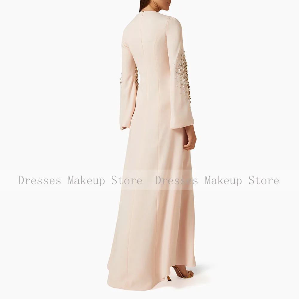 Champagne Wedding Guest Dress Beading Long Sleeves O Neck Elegant Evening Gowns for Women A Line Ankle Length Formal Party Gown image 2