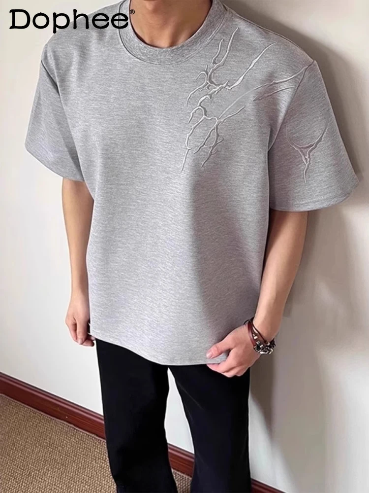 

Male Embroidery Solid Color Handsome T-Shirts Men's 2025 Summer New Fashion High Street Round Neck Tops Half Sleeve Cotton Tees