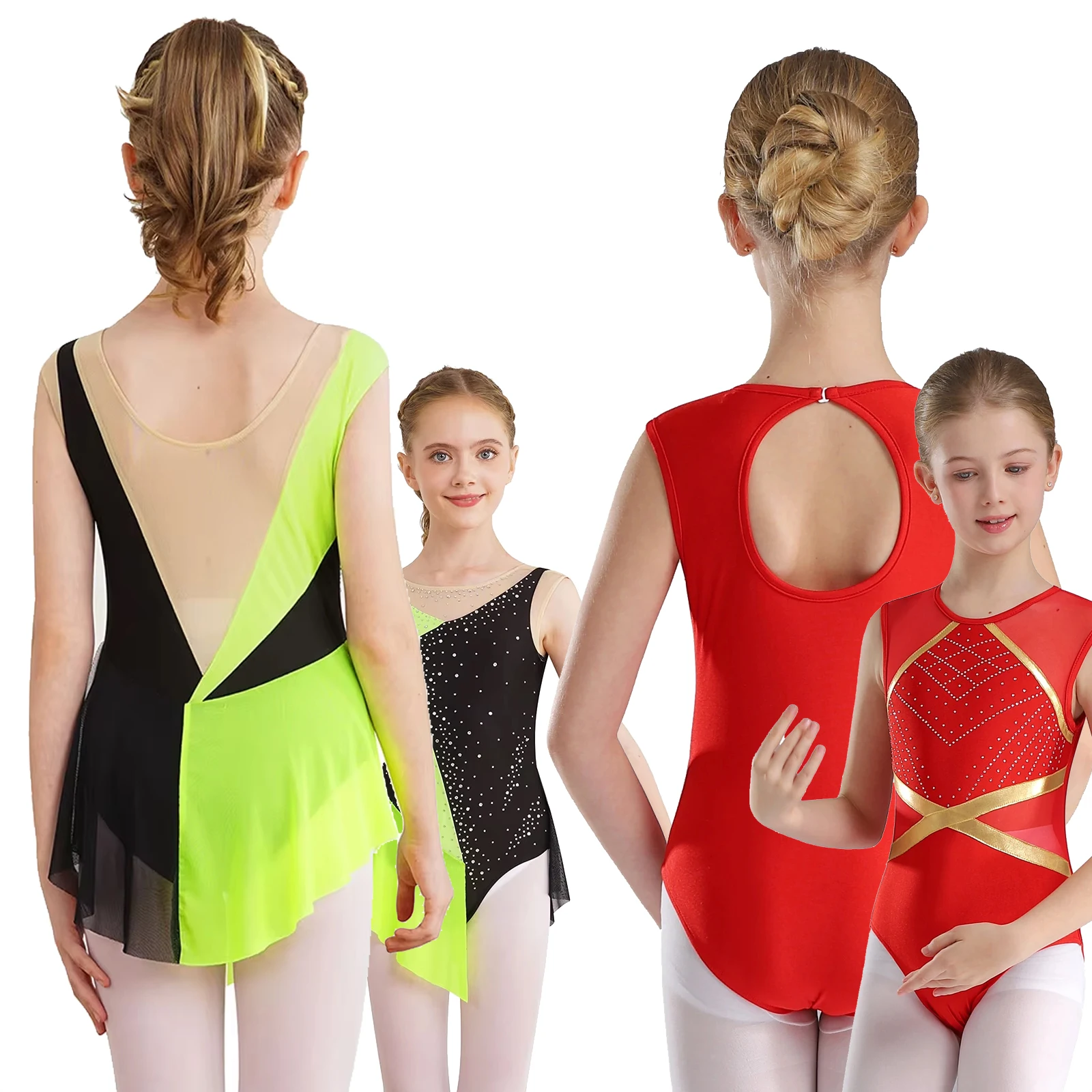 

Girls Ballet Leotard Tutu Dress Sleeveless Sequins Flower Lyrical Dancewear Figure Skating Gymnastics Stage Performance Costume