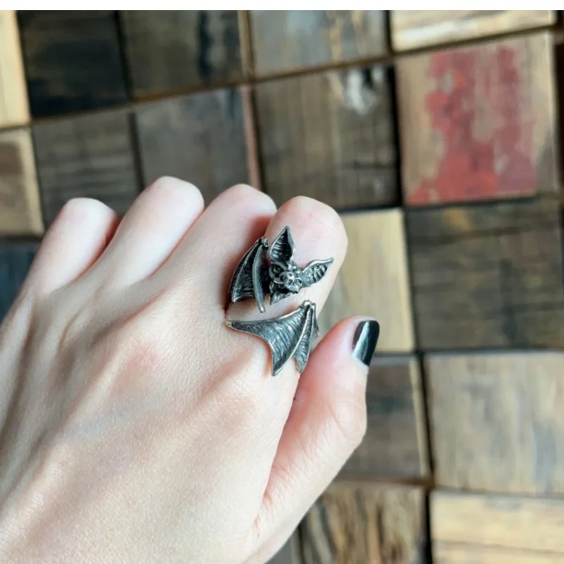 Buyee 925 Sterling Silver Big Ring Finger Cute Bat Open Ring for Woman Men Unique Fashion Animal Punk Fine Jewelry Circle