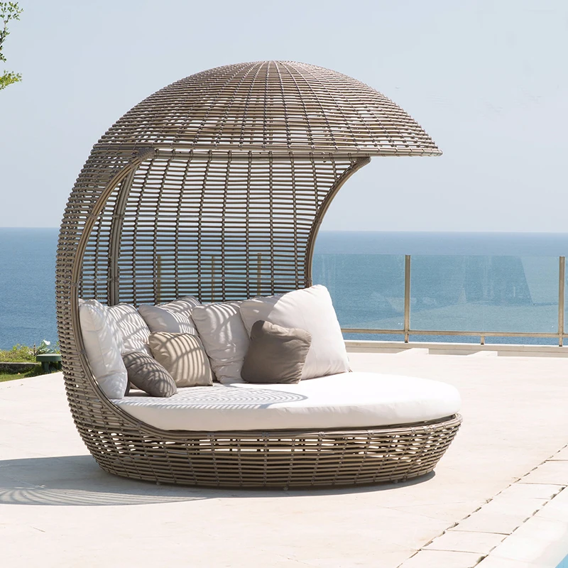 Hot Sale Sun Bed With Canopy Outdoor Garden Set Adult Day Beds Wicker Furniture Lounger Chaise Beach Round Lounge Bed