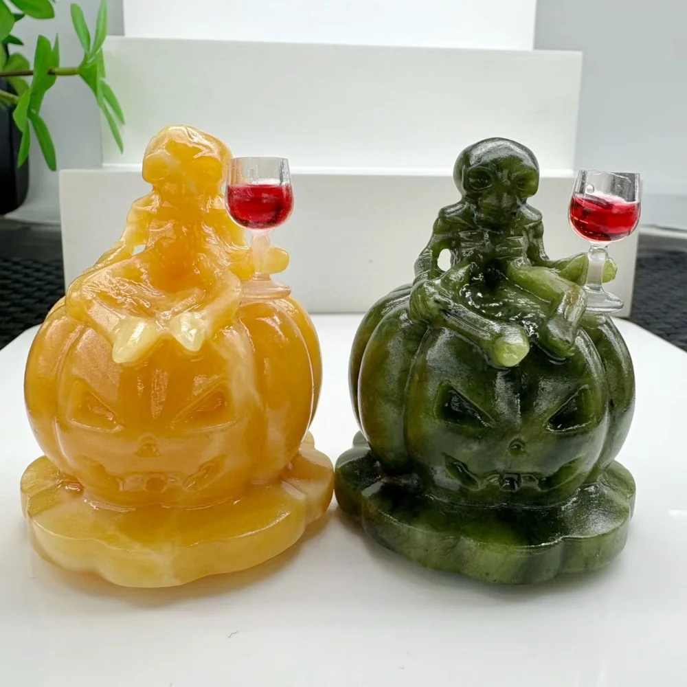 Natural Crystal Alien On Pumpkin Figurine With Mini Wine Glass ET Statue Calcite Serpentine Halloween Home Decor Gift 1pcs