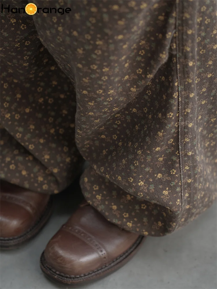 HanOrange 2025 Pantaloni autunnali bohémien retrò floreali con coulisse elastica Pantaloni da donna a vita alta con sensazione di caduta