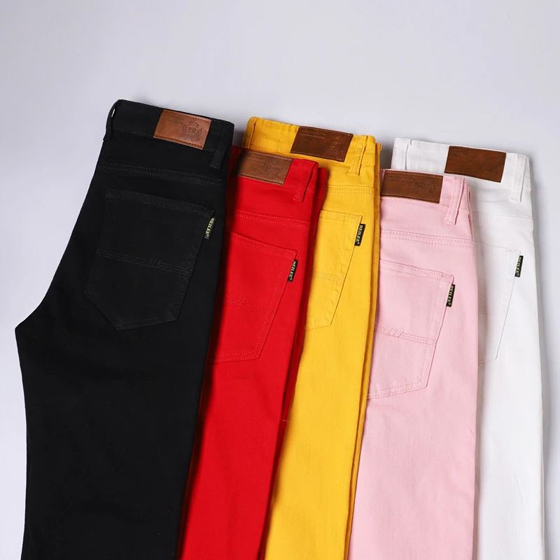 

2024 Spring Men's Black Jeans Fashion Casual Business Straight Stretch Denim Trousers Male Brand Pants White Red Yellow Pink