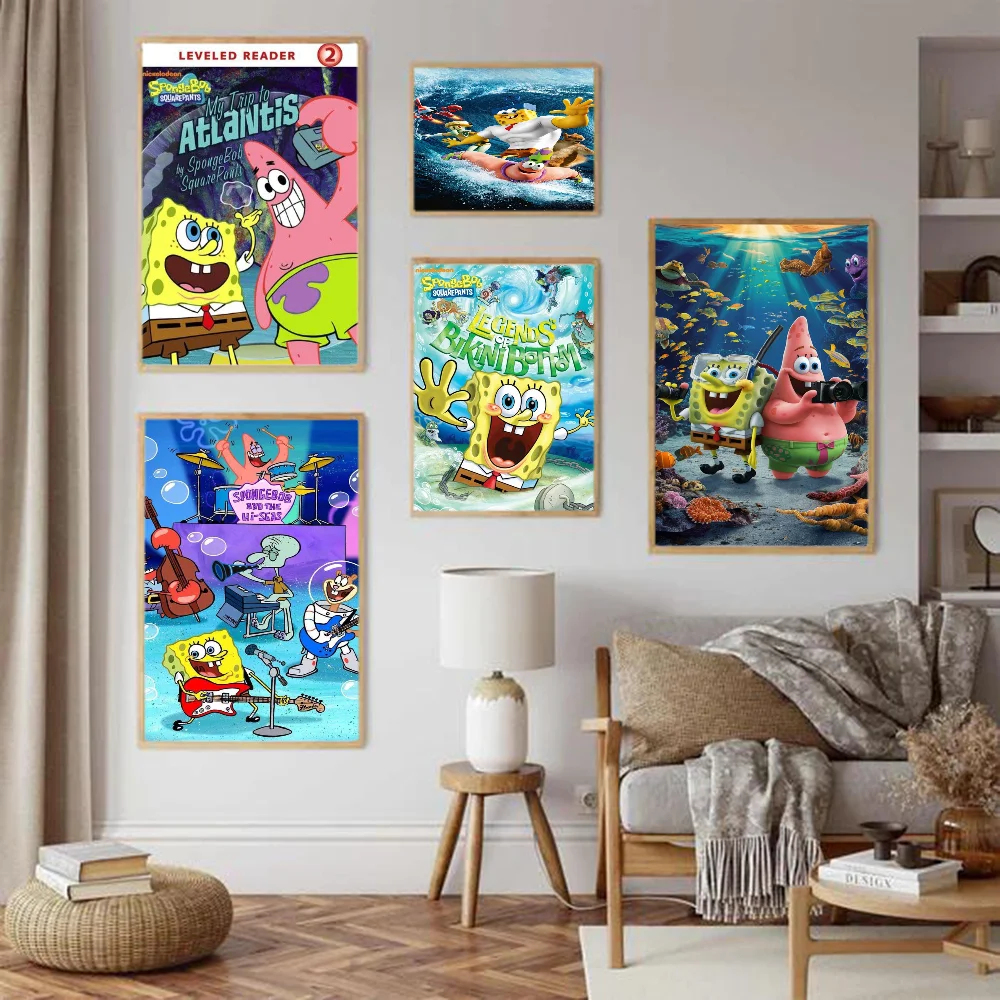 S-SpongeBob S-SquarePants Anime Whitepaper Poster Waterproof Paper Sticker Coffee House Bar Posters Wall Stickers