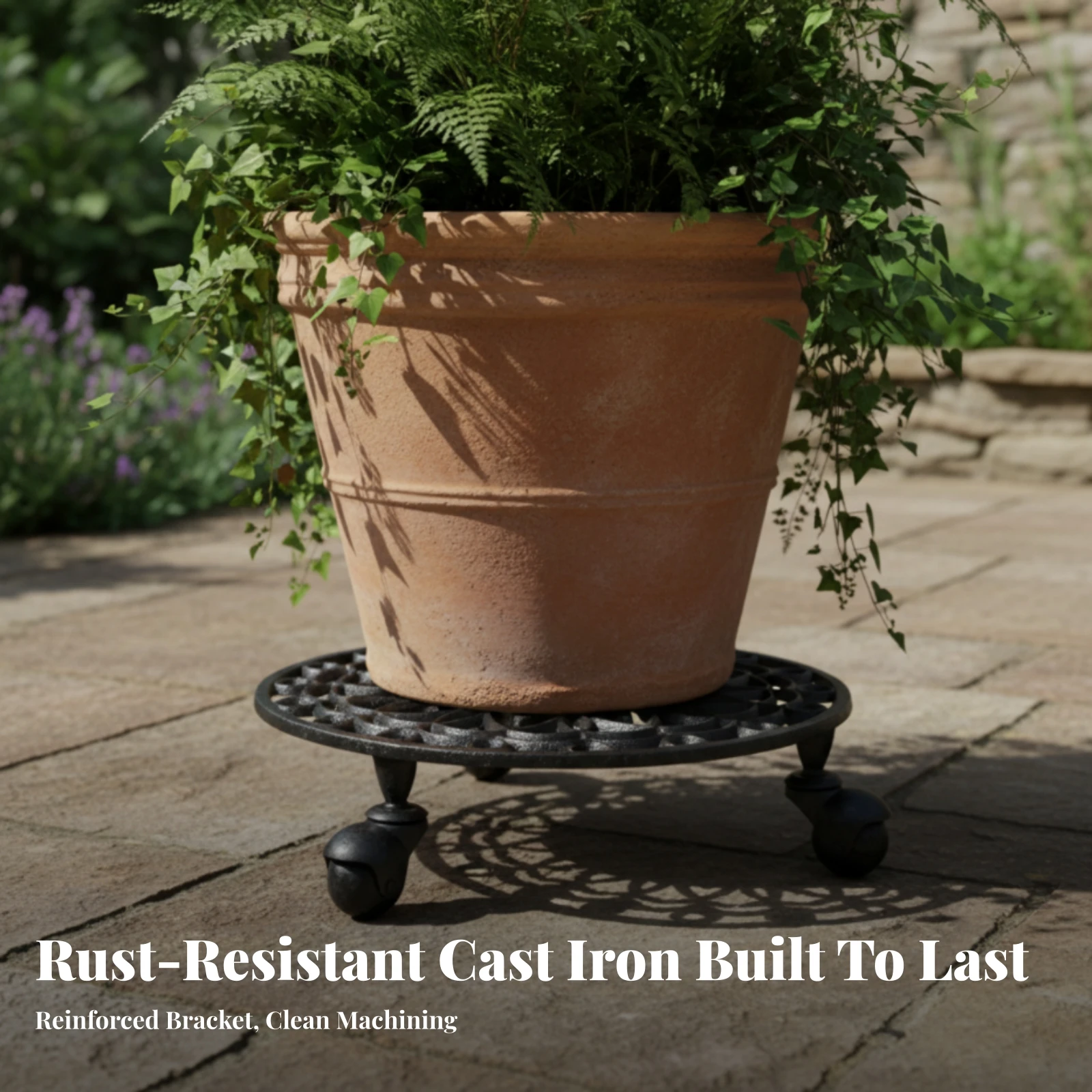 Black Iron Planter Stand with Wheels Mobile Metal Plant Trolley with Wheels Round Flower Pot Rack on Rollers Compact for Balcony
