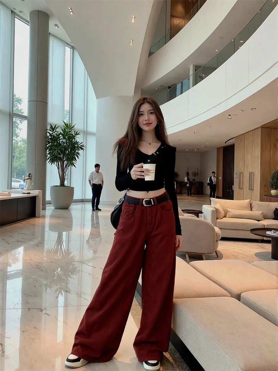 

Floor Wide Leg Red Loose Jeans Womens Flared Bell Panelled Pleated Elastic Trendy Cute Kawaii Street Fashion Patchwork Unique