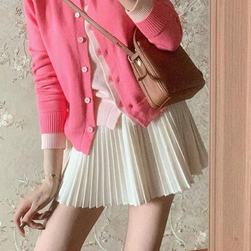 جديد المرأة مطوي التنانير الصغيرة عادية بلون عالية الخصر ألف خط التنانير مثير مكتب سيدة شيك التنانير الإناث الخريف الشارع الشهير