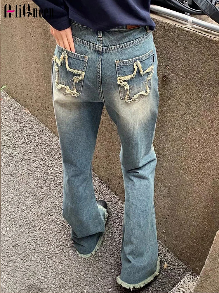 

Women High Waist Hip Hop Star Embroidered Ragged Edge Micro Ragged Jeans Wide Leg Baggy Jeans Straight Denim Pants Streetwear