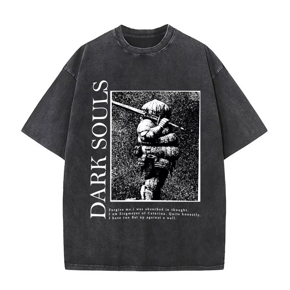 Camiseta gráfica vintage lavada de Dark Souls Siegmeyer of Catarina para hombre, camisetas de rock gótico de los años 90, camisetas casuales punk para hombre